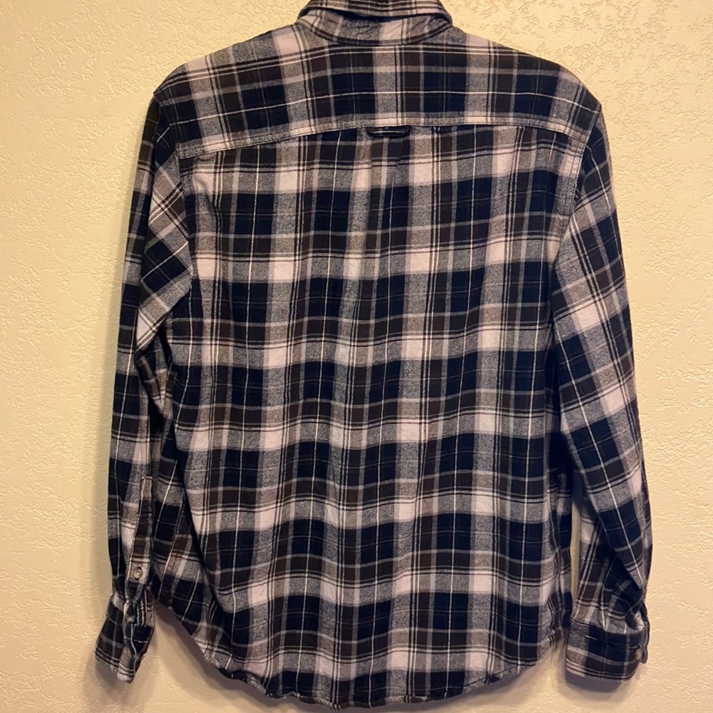 🎁2/$12 LG EDDIE BAUER LG BLACK BROWN TAN GRAY & WHITE PLAID FLANNEL SHIRT - Picture 2 of 7